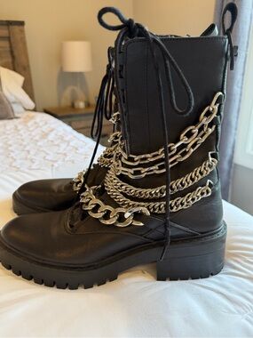 Zara Black Chain Detail Chunky Combat Boots
